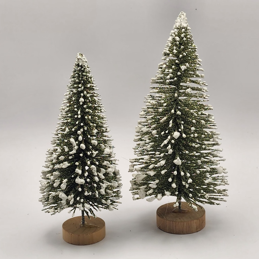 Set Of 2 Department 56 Christmas Village Bottle Brush Trees Wood Base